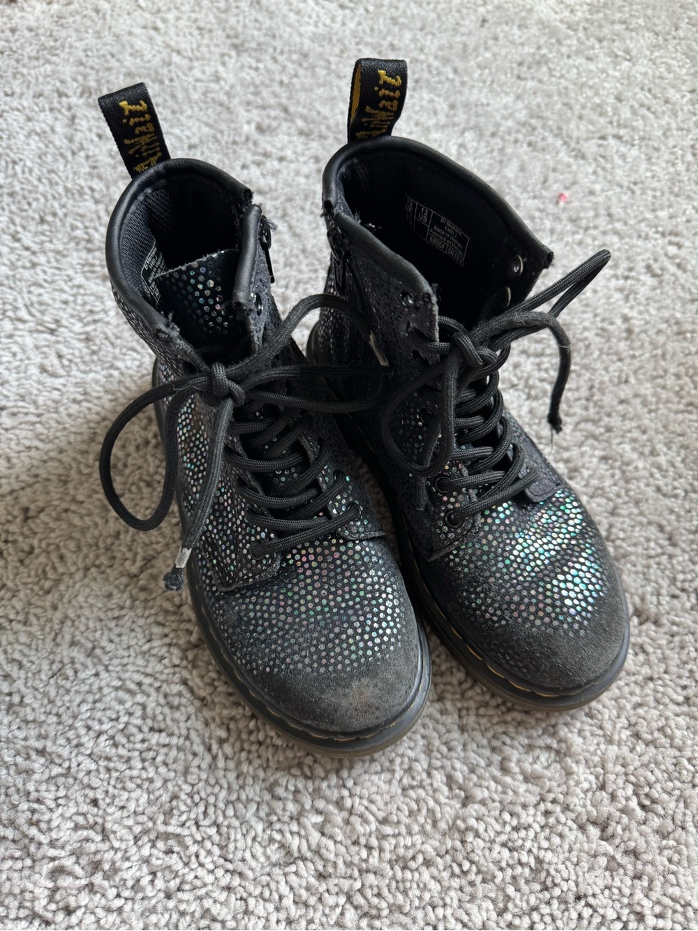 Dr. Martens Pascal Lace Up Boots Black Suede Outer Iridescent Foil Kids 13 US
